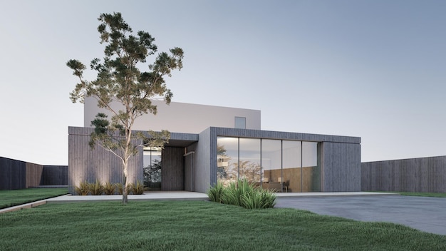 Архитектура 3D-рендеринга иллюстрации минимального дома с видом на дорожку и газон