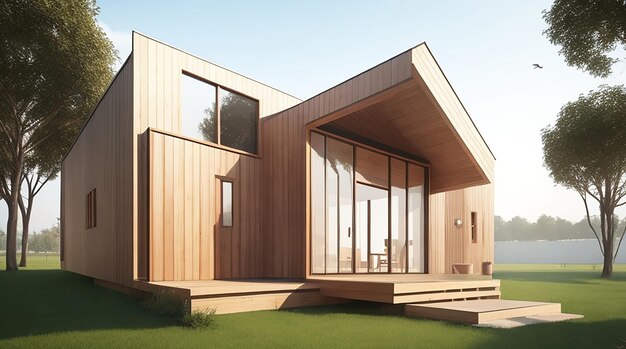 Architecture 3d rendering illustration of minimal house with a wooden walkway wooden building