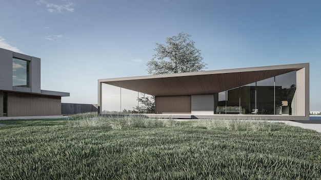 Architecture 3d rendering illustration of minimal modern house with natural landscape