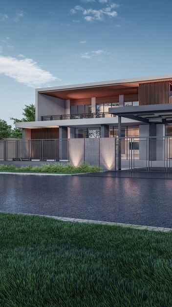 Architecture 3d rendering illustration of minimal modern house with natural landscape