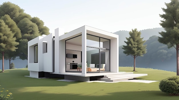 Architecture 3d rendering illustration of minimal modern house with natural landscape