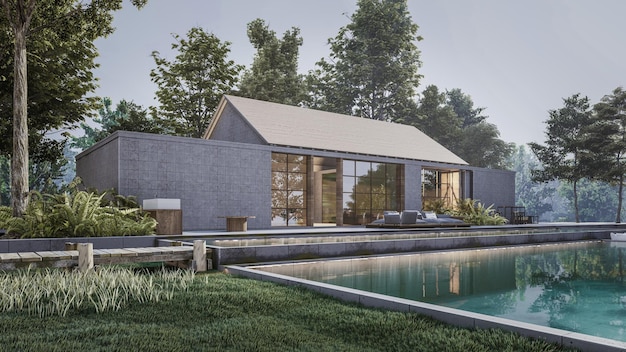 Architecture 3d rendering illustration of minimal modern house with swimming pool