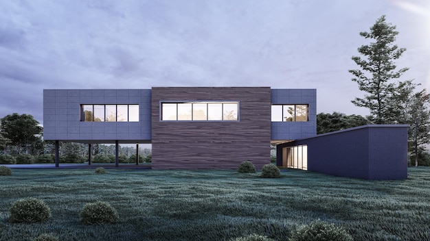 자연 풍경과 현대 최소한의 집의 건축 3d 렌더링 그림