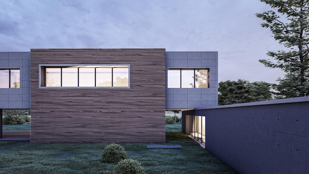 Architecture 3d rendering illustration of modern minimal house with natural landscape