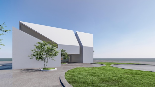 Illustrazione del rendering 3d di architettura di una moderna casa minimale con paesaggio naturale