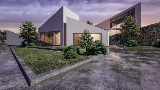 Architecture 3d rendering illustration of modern minimal house with natural landscape