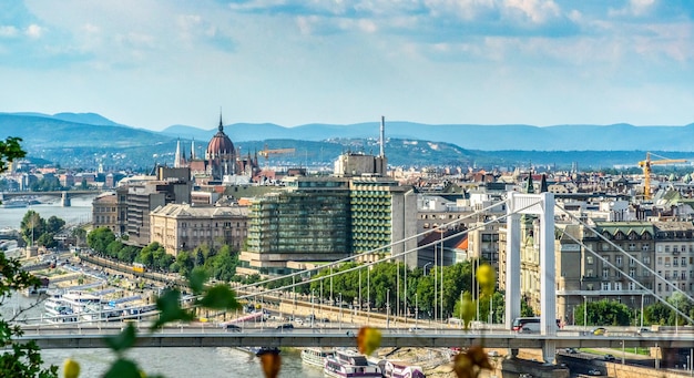 Architettura del centro di budapest. famoso parlamento e ponti sul fiume danubio