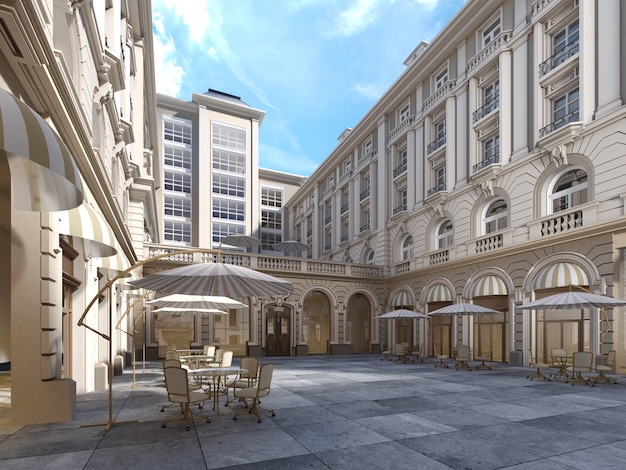 The architecture of the courtyard is classic style, the facade of the building is in the classical style. 3d rendering