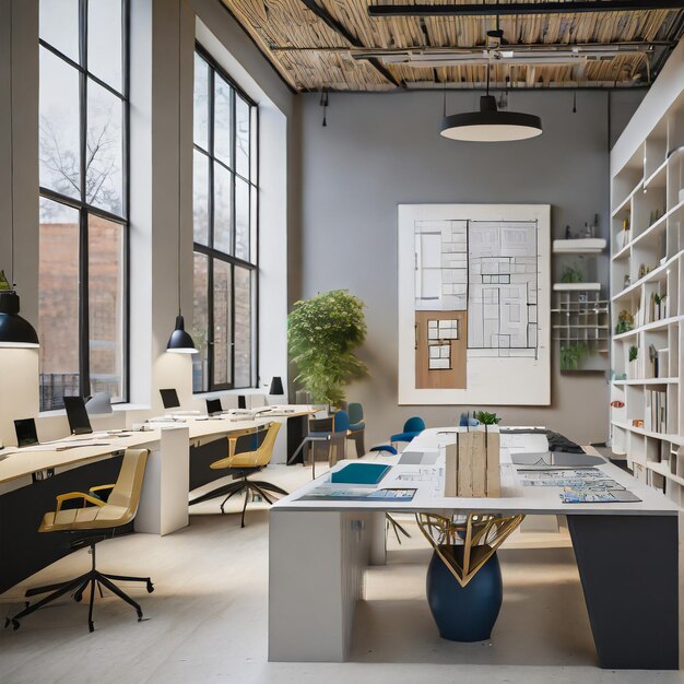 Photo architecture and design firm with a modern studio layout drafting tables and a materials library pro...