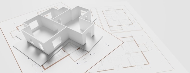 Architecture design residential building model on blueprint plan 3d illustration