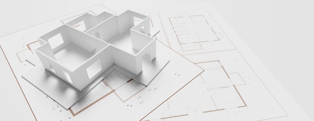 Фото Архитектурный дизайн модели жилого дома на плане 3d иллюстрации