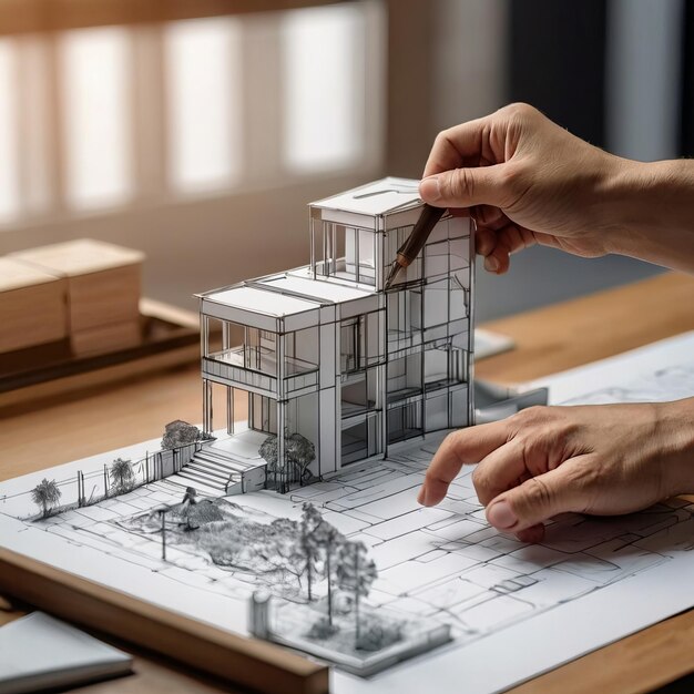 Architecture design with the drawing process and scale model