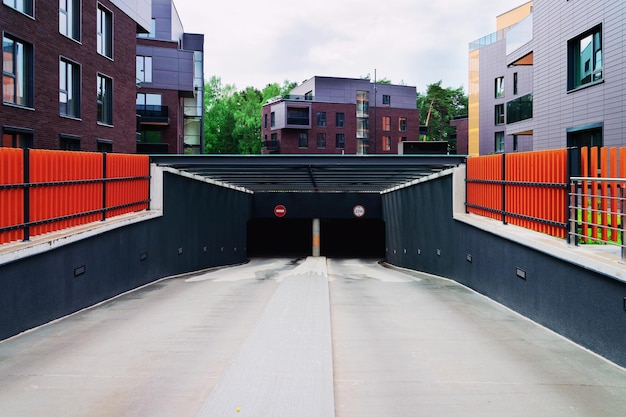 Architecture of European modern garage and a residential buildings quarter