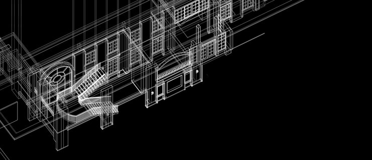 Photo architecture interior stair column windows element design concept 3d perspective white wireframe rendering black background