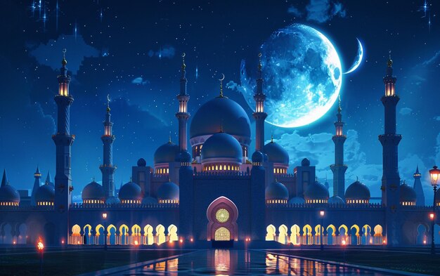 The architecture of the mosque building at night with the moon