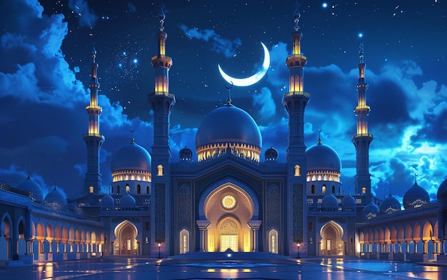 Photo the architecture of the mosque building at night with the moon