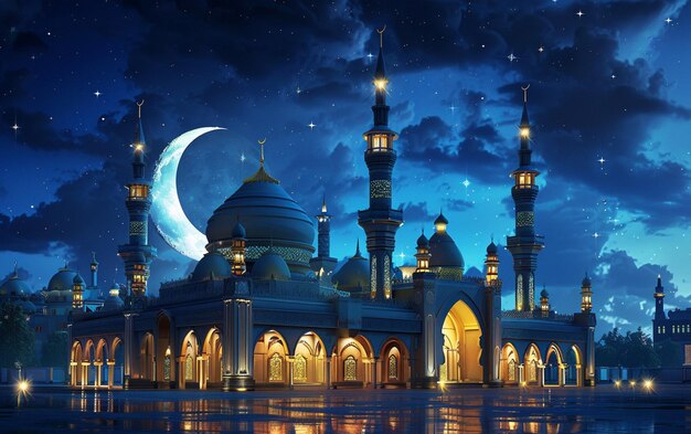 Photo the architecture of the mosque building at night with the moon