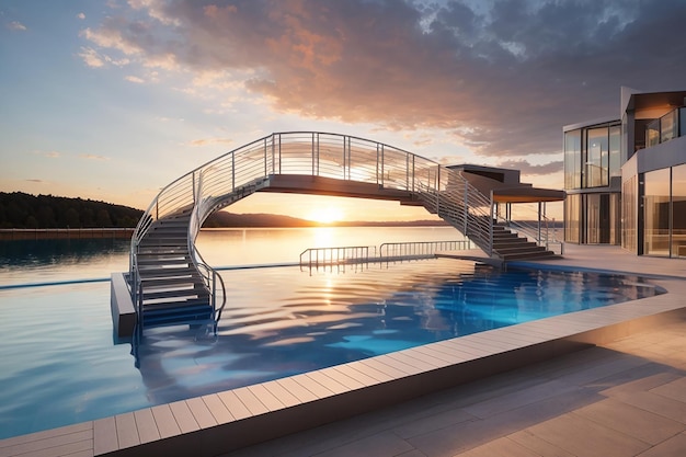 Фото Архитектурный открытый бассейн у озера с металлическими алюминиевыми плавательными лестницами во время впечатляющего интенсивного восхода солнца