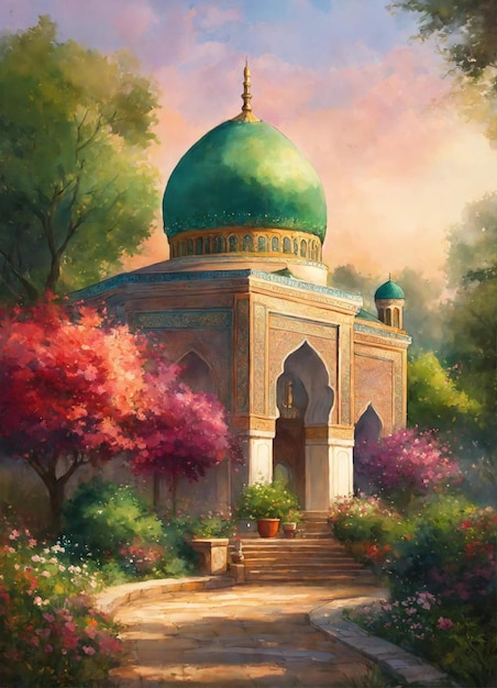 저녁에 아름다운 모스크의 건축 그림
