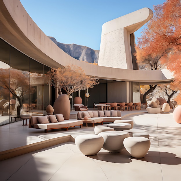 Архитектурная фотография минималистского бетонного отеля в горах Эстетическая архитектура