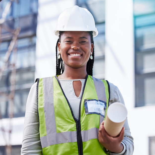 Photo architecture project management and portrait of black woman at construction site for civil engineering designer and building inspection industrial vision and goal with construction worker