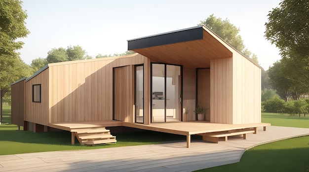 Architectuur 3d rendering illustratie van minimaal huis met een houten loopbrug houten gebouw