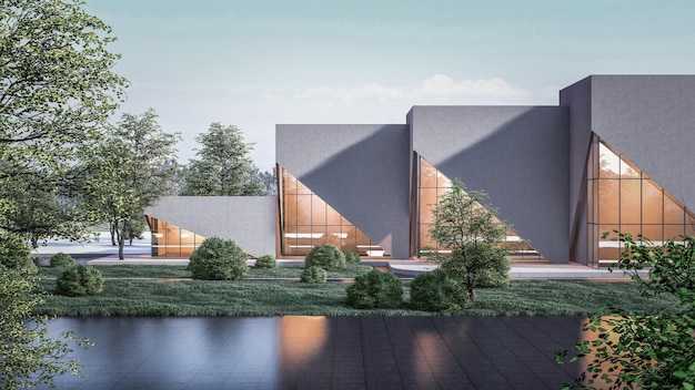 Architectuur 3d-rendering illustratie van minimaal huis met zwembad en waterreflectie