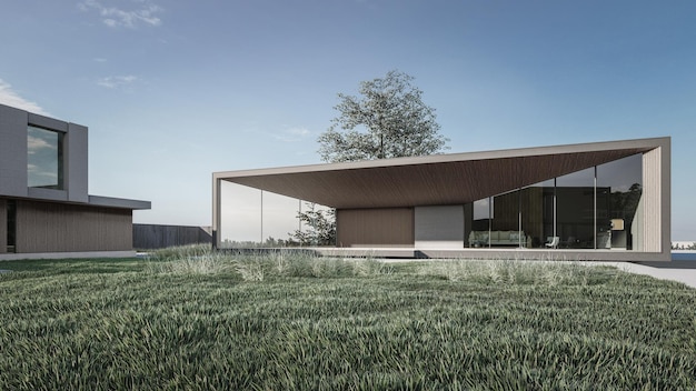 Architectuur 3D-rendering illustratie van minimaal modern huis met natuurlijk landschap