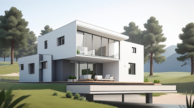 Architectuur 3D-rendering illustratie van minimaal modern huis met natuurlijk landschap