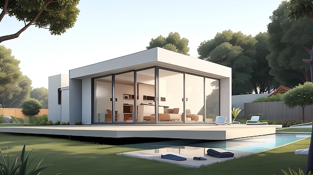 Architectuur 3D-rendering illustratie van minimaal modern huis met natuurlijk landschap