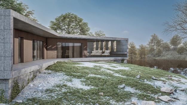 Architectuur 3D-rendering illustratie van minimaal modern huis