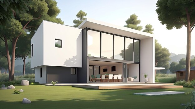 Architectuur 3D-rendering illustratie van minimaal modern huis