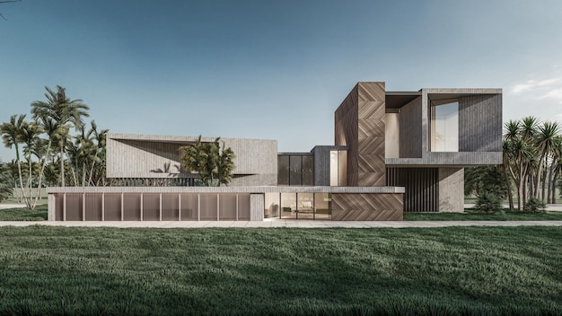 Architectuur 3D-rendering illustratie van modern minimaal huis met een groen gazon