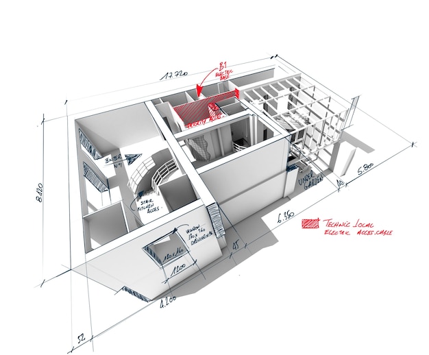 Architectuur 3D-weergave van een huis met gekrabbelde notities en indicaties