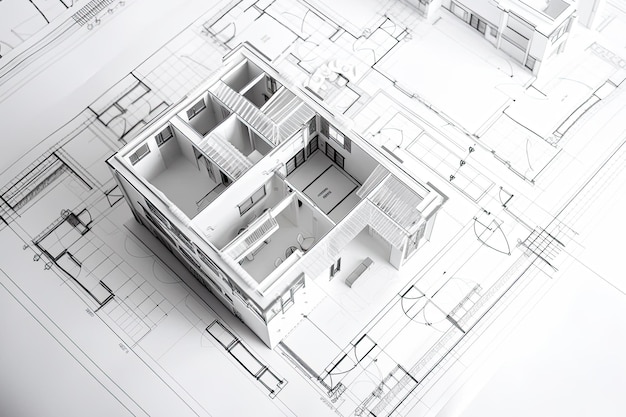 Architectuurplan op wit papier technisch project woonkamer tekening voor constructie gemaakt met generative ai