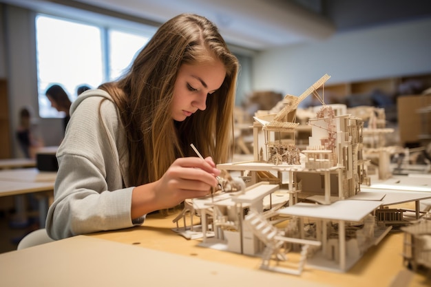 Architectuurstudentenvrouw werkt aan modellen van het moderne huisbouw- en constructieconcept