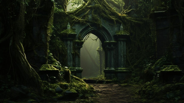 Archway in an enchanted fairy forest landscape misty