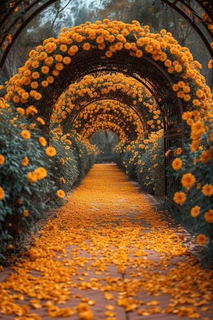 オレンジの花で満たされたアーチの垂直の背景