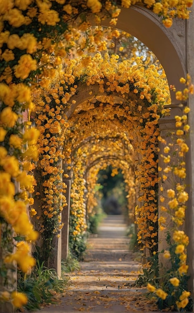 Foto un arco pieno di fiori gialli sullo sfondo verticale