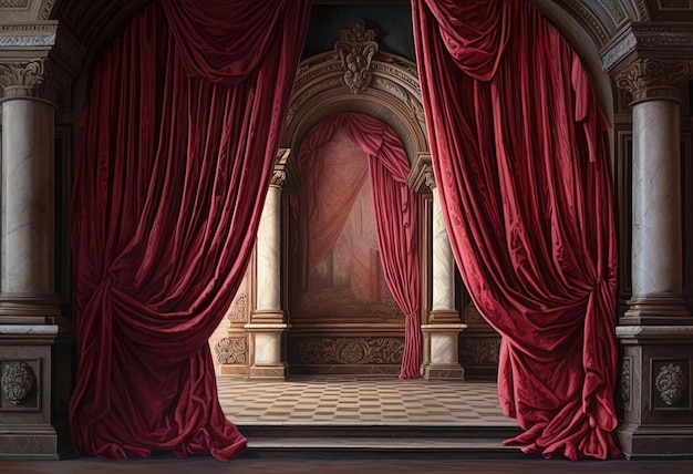 an archway holds a red curtain out of doors in the style of hyperrealistic details