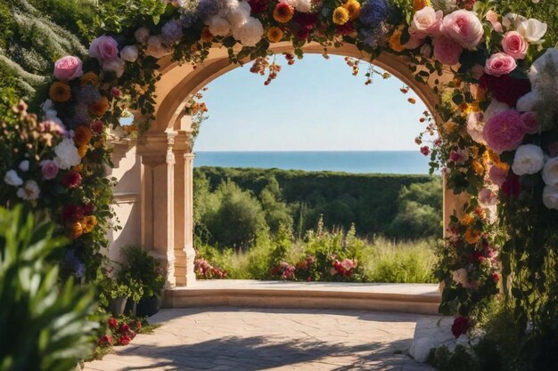 Photo a archway with flowers and a view of the ocean