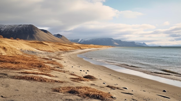 Arctic Char Beachfront Een prachtig landschap met grasbergen en bruine tinten