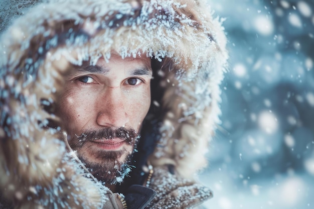 Arctic eskimo indigenous man portrait in traditional fur parka with snow on snowy storm blured background