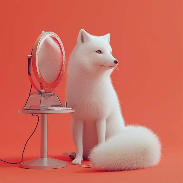 The Arctic fox looks in the mirror