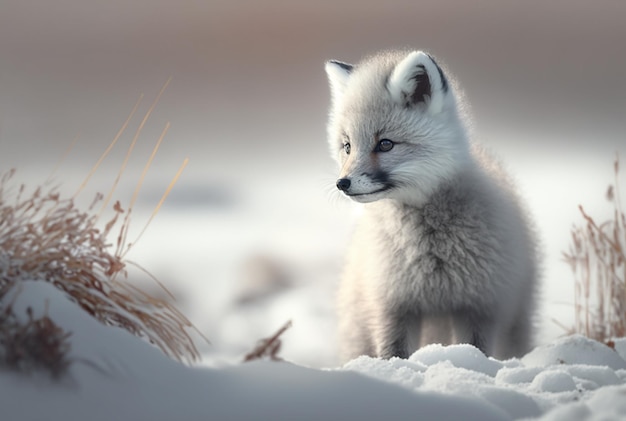 Arctic fox pup Vulpes Lagopus in snow habitat generative ai
