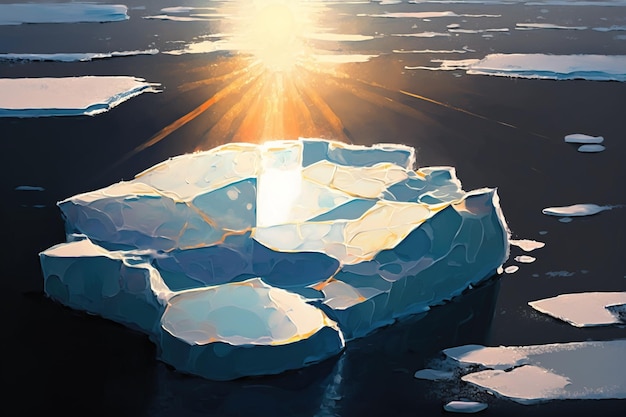 Arctic glacier floats in the sea on the background of the sun AI generated