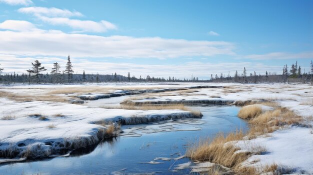 Photo arctic ice region frozen stream surrounded by trees and grass