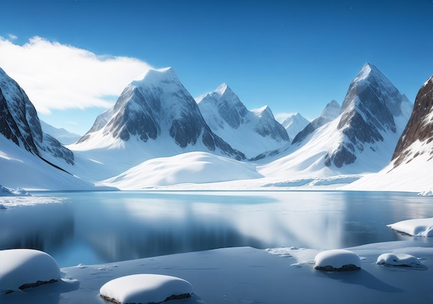 Arctic landscape view of snow mountain ocean and blue sky created with generative AI
