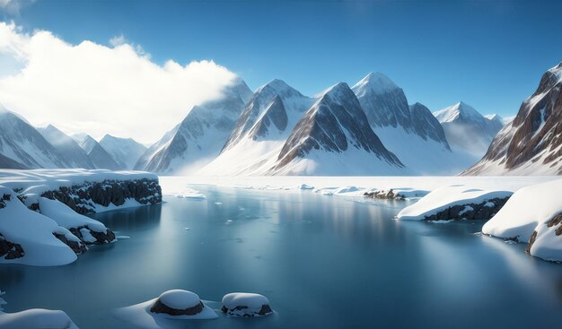 生成 AI で作成された雪山の海と青空の北極の風景ビュー