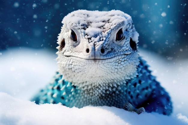 Arctic lizard in the snow closeup